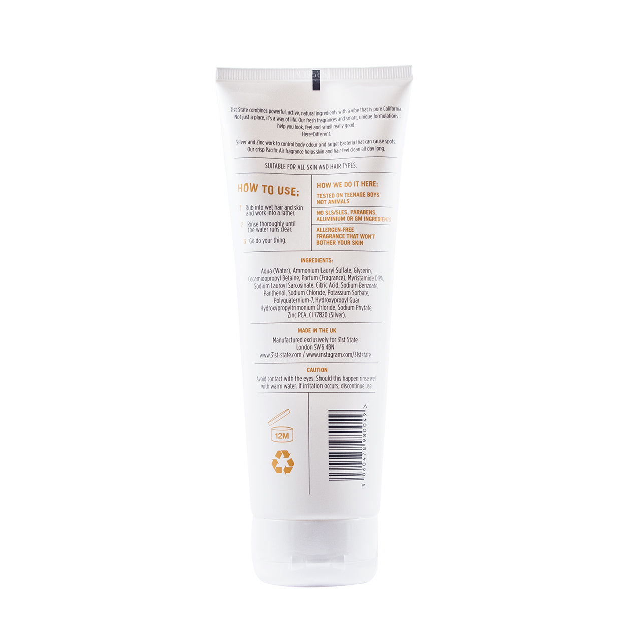 31st state 2-in-1 hair and body wash bottle back with instructions and ingredients