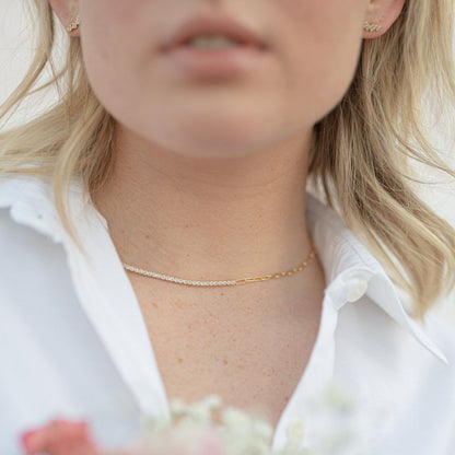 Naomi Gold Tennis Necklace with Square Link Chain