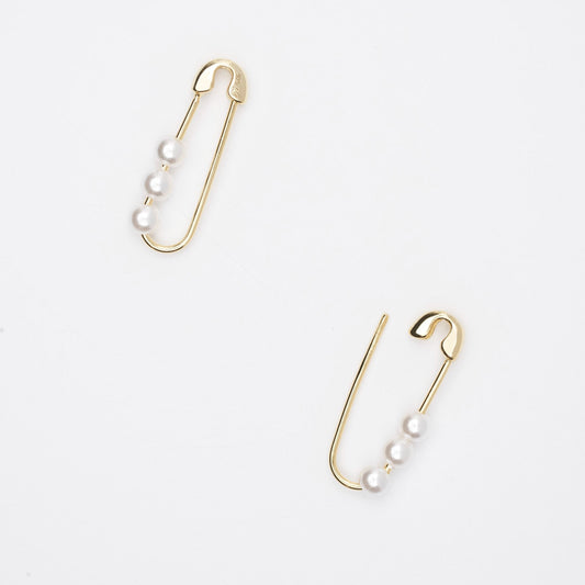 Elle Pearl and Gold Safety Pin Earrings