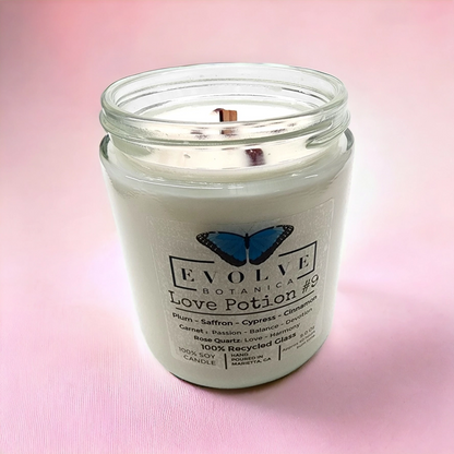 Wood Wick Crystal Soy Candle - Love Potion #9 (Rose Quartz & Garnet)